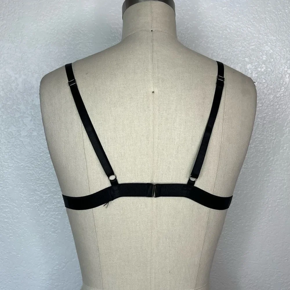 Dolls Kill black goth metal rings mesh black satin bra top statement piece  M